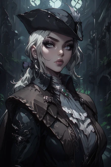 <lora:add-detail-xl:3> score_9,score_8_up,score_7_up,score_6_up, volumetric lighting, dynamic shading, 1woman, sexy, seductive, alluring, mature, thick eyebrows, thick eyeliner, dark eyeshadow, full lips, lips parted, huge breasts, looking at viewer,
BREAK
<lora:GLSHS-3e:1> GLSHS, <lora:Lady_Maria_of_The_Astral_Clocktower_-_Bloodborne:1> Lady Maria, White hair, grey eyes, tricorne, gloves, hat feather, ascot, ponytail, cape,