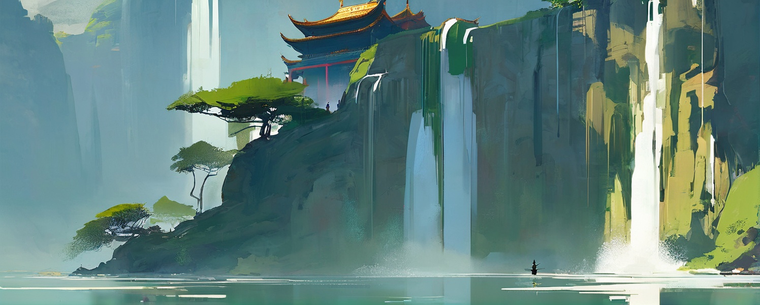 chinese buliding,temple,guofeng,(pond:0.8),sunkilow,concept art,waterfall come from the mountain top,panorama,long shot,(reflection light:0.8),masterpiece,best quality,high quality,high details,UHD,gloomy,(low saturation:0.4),artstation,<lora:Vcu;SDXL:0.6>,<lora:gloomyXL:0.6>,(style of Pascal Campion:0.2),(style of Colin Campbell Cooper:0.4),