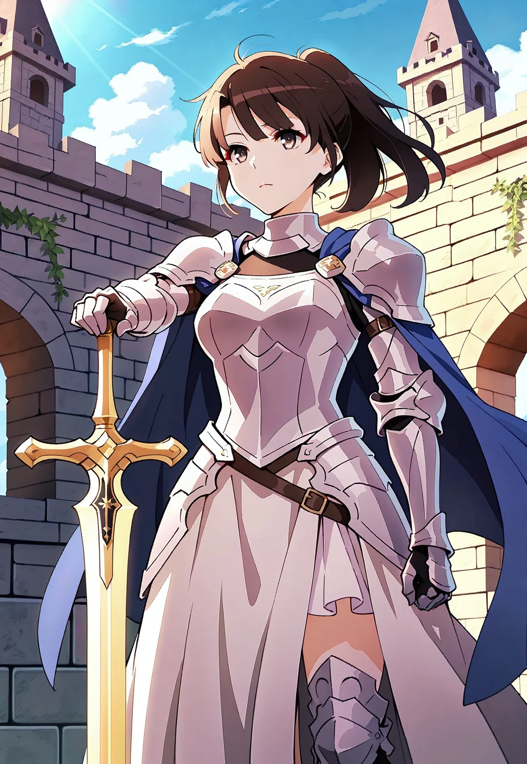 safe_pos, 1girl,katomegumi,brown hair,brown eyes, pupils,medium breasts,ponytail, short hair,
medieval fantasy theme, standing in a sunlit castle courtyard, wearing a royal knight outfit with silver armor and a flowing blue cape, holding a beautifully crafted sword resting on her shoulder, wind gently blowing her cape, serious yet noble expression, stone castle walls and banners in the background, ivy climbing the stonework, golden light creating a heroic and majestic atmosphere, detailed armor design, mid-angle perspective, cinematic epic tone,
masterpiece,best quality,high quality,good quality,newest,((detailed eyes))