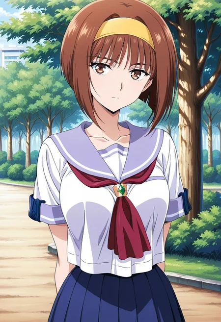 1girl, solo, MikaeMorikawa, masterpiece, best quality, anime screenshot, brown hair, yellow hairband, medium hair, bob cut, brown eyes, serafuku, short sleeves, upper body, breasts, collarbone, arms behind back, pleated skirt, blue skirt, outdoor, tree, crossed arms, legs apart, standing,