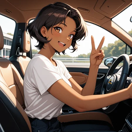 cute woman, black curled hairs, side view, full car, slightly brown skin color, white shirt, sitting inside a sports car, upper body, happy, one_hand_on_steering_wheel, v, masterpiece, best quality, amazing quality, very aesthetic, absurdres, newest