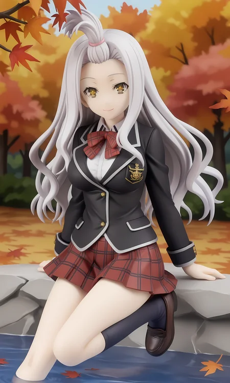 score_9, score_8_up, score_7_up, source_anime, highly detailed figure,looking at viewer, shiny skin, upper body, light smile, petite,ohwx, long_hair, grey_hair, yellow_eyes, white_hair, brown_eyes, bangs_pinned_back, topknot, breasts, very_long_hair, large_breasts, symbol-shaped_pupils,school_uniform, bow, jacket, blazer, bowtie, shirt, plaid, skirt, socks, red_bow, bangs_pinned_back, topknot, plaid_skirt, long_sleeves, red_skirt, red_bowtie, black_socks, pleated_skirt, kneehighs, black_jacket, collared_shirt, shoes, loafers, official_style, white_shirt, plaid_bow, ribbon, miniskirt, Japanese river flowing through a forest, autumn leaves reflecting on water, calm and natural setting,<lora:yui_kurata_pony_sobsynapse-000001:1>