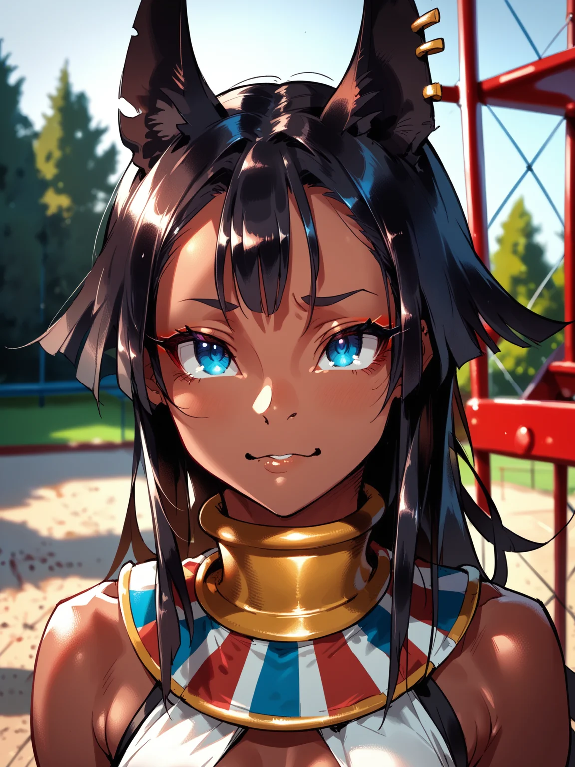 (upper body, solo:1.1) <lora:happy_tentacle-mummy-v0.2-000024:1>, ht_mummy, blue eyes, medium breasts, dark-skinned female, jackal ears, hair flaps, ear piercing, (petite:1.2), <lora:Shed_The_Skin's StS_age_slider_v1_initial_release:-1.3> ( :1.1) ( , , ( :1.2) , (dimple:0.35) , looking up :1.1) , outdoors, vegetation, ( :1.1), , (dawn :0.6), (blue sky:0.6) , (:0.5), , (medieval :0.8), (playground:1.2), park, (horizontal bar, slide, seesaw, swing set, playing:0.6), ( :0.8) score_9, score_8_up, score_7_up, score_6_up, score_5_up, score_4_up, ( [(realistic, photorealistic:1.3):(realistic:1.2):18] [(3d:1.2)::16] :1) <lora:LUUNA's Lunas-NijiJourney-SDXL-B2:0.35>, nijijourney <lora:prgfrg23's Counterfeit-V3.0 Style SDXL_LoRA_Pony Diffusion V6 XL:0.5> <lora:mfcg's mfcgXL:0.12> <lora:reweik's gyokai(himehajime)_PonyXL_style_v01:0.14>