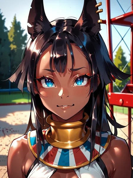 (upper body, solo:1.1) <lora:happy_tentacle-mummy-v0.2-000024:1>, ht_mummy, blue eyes, medium breasts, dark-skinned female, jackal ears, hair flaps, ear piercing, (petite:1.2), <lora:Shed_The_Skin's StS_age_slider_v1_initial_release:-1.3> ( :1.1) ( , , ( :1.2) , (dimple:0.35) , looking up :1.1) , outdoors, vegetation, ( :1.1), , (dawn :0.6), (blue sky:0.6) , (:0.5), , (medieval :0.8), (playground:1.2), park, (horizontal bar, slide, seesaw, swing set, playing:0.6), ( :0.8) score_9, score_8_up, score_7_up, score_6_up, score_5_up, score_4_up, ( [(realistic, photorealistic:1.3):(realistic:1.2):18] [(3d:1.2)::16] :1) <lora:LUUNA's Lunas-NijiJourney-SDXL-B2:0.35>, nijijourney <lora:prgfrg23's Counterfeit-V3.0 Style SDXL_LoRA_Pony Diffusion V6 XL:0.5> <lora:mfcg's mfcgXL:0.12> <lora:reweik's gyokai(himehajime)_PonyXL_style_v01:0.14>