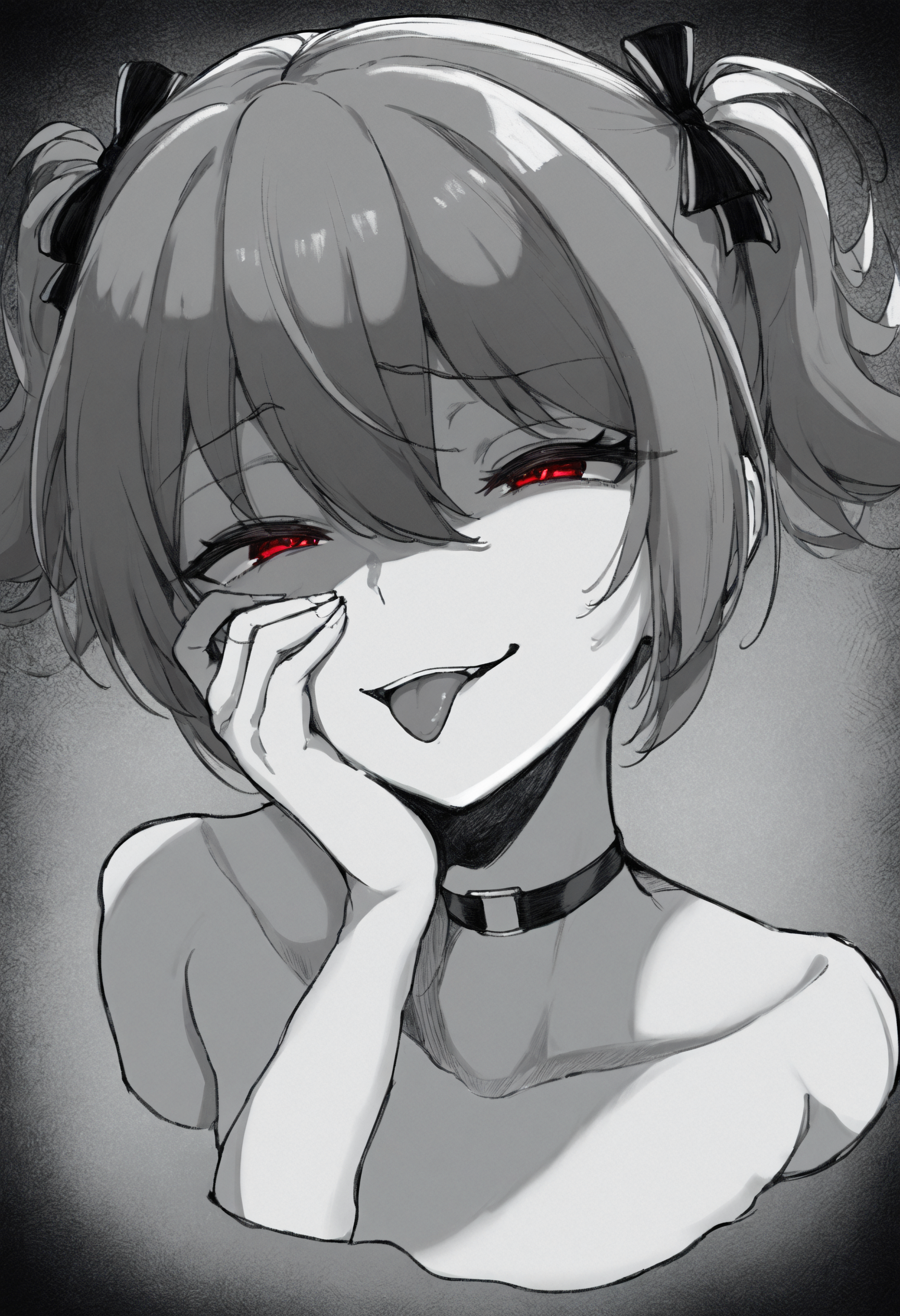 <lora:Irisu_Makina_20:1>, red eyes, brown hair, hair between eyes, short hair, short twintails, hair bow,
M4k1Cas, black bow, choker, 
solo, 1girl, tongue out, smug, cropped shoulder, hand on own face, <lora:SketchArtV2:1>, greyscale, monochrome, sk3tch, hatching/(texture/), very awa, masterpiece, best quality, highres, absurdres