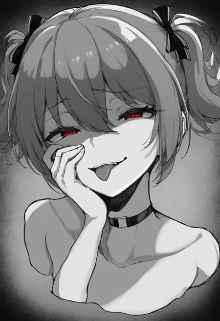 <lora:Irisu_Makina_20:1>, red eyes, brown hair, hair between eyes, short hair, short twintails, hair bow,
M4k1Cas, black bow, choker,
solo, 1girl, tongue out, smug, cropped shoulder, hand on own face, <lora:SketchArtV2:1>, greyscale, monochrome, sk3tch, hatching/(texture/), very awa, masterpiece, best quality, highres, absurdres