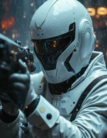 A dramatic close-up shot of a futuristic soldierâs helmet, showcasing a sleek, elegant design in a smooth white finish with subtle angular details. The helmet's visor is dark and reflective, partially obscuring the soldierâs face. His uniform, primarily in light grey and white tones, appears advanced yet functional, featuring reinforced armor plating with a streamlined, minimalist aesthetic.
The soldier is aiming a high-tech pistol forward, its surface slick with raindrops. The scene is set in a wet, stormy environment, with heavy rain falling, droplets clinging to the gun and helmet, and streaking down the visor. The shallow depth of field focuses on the helmet and firearm, while the blurred background suggests a tense, futuristic battlefield or urban war zone.
The lighting is moody and cinematic, with a mix of cool blue and white highlights reflecting off the wet surfaces, contrasted by faint ambient city lights or distant explosions in the out-of-focus background. The composition is tight and immersive, emphasizing the soldierâs precision and intensity.
<lora:Cinematic_style_2:1> Cinematic style, High quality, Beauty, Realism, Chiaroscuro, Photorealism, Film still
