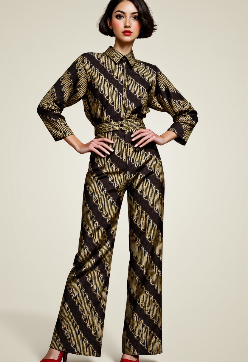 A beautiful woman with shiny skin wearing a loose-fitting pants featuring Batik_Parang pattern.  The pants are made from a fabric featuring a traditional batik pattern. The pattern consists of Batik_Parang pattern, traditional batik design with a diagonal flowing pattern, white within dark brown combination. She is also wearing a long sleeves shirt with high collar, the shirt is full of Batik_Parang pattern, traditional batik design with a diagonal flowing pattern with the coloring of black within gold combinations. she is standing elegantly, her hands on hips. her pose is seducing.