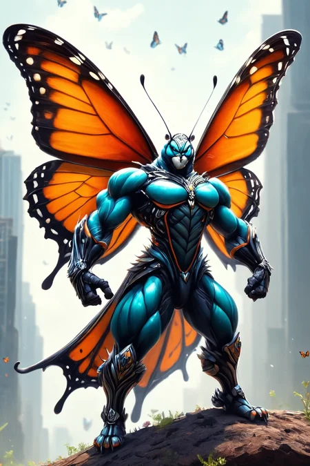 ultra-fine digital painting of a madpunk muscular <lora:anthro_muscular:0.7> anthro Monarch butterfly (Stretching arms out, open stance) at Spacefaring nomads trading exotic resources, super detail, ultra-realism, <lora:xl_more_art-full_v1:0.3>, <lora:madpunk:0.6> , <lora:fracolor:0.7> fracolor