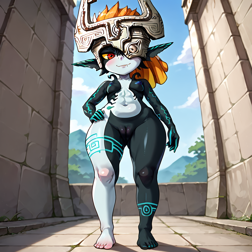 midna, standing, seductive look, half closed eyes, looking at viewer, feet towards viewer, low-angle shot, feet visible, 
low-angle shot,