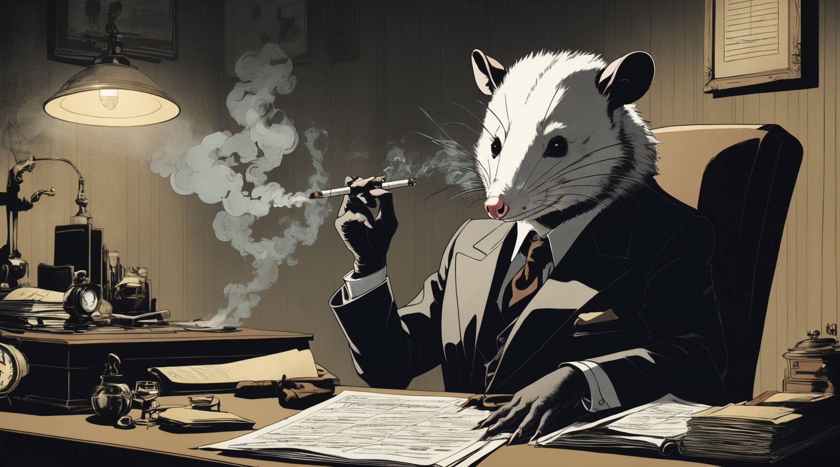 Film noir style noir (anthropomorphic opossum detective) (low contract:1.1) smoking a cigarette, dark office large suit (toonshader:1.3)  low light, vibrant, highly detailed, cowboy bebop anime, <lora:1950sVintageArt:1> 1950svintageillustration, regularization,  surreal, dark shadows, darkness, dramatic lighting   noise, poster, high concept, masterpiece, headshot, fractal, disintegration <lora:Opossum-possum-000002:.7>  opossum, possum, (chiaroscuro: 1.3) . Monochrome, high contrast, dramatic shadows, 1940s style, mysterious, cinematic