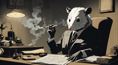 Film noir style noir (anthropomorphic opossum detective) (low contract:1.1) smoking a cigarette, dark office large suit (toonshader:1.3) low light, vibrant, highly detailed, cowboy bebop anime, <lora:1950sVintageArt:1> 1950svintageillustration, regularization, surreal, dark shadows, darkness, dramatic lighting noise, poster, high concept, masterpiece, headshot, fractal, disintegration <lora:Opossum-possum-000002:.7> opossum, possum, (chiaroscuro: 1.3) . Monochrome, high contrast, dramatic shadows, 1940s style, mysterious, cinematic