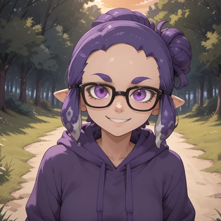 score_9, score_8, BREAK, solo, splatoon, inkling, female inkling, 1girl, tentacle hair, purple hair, single hair bun, purple eyes, glasses, cute, purple eyebrows, purple hoodie, purple jeans, purple shoes, breasts, Jeanette_Romero_(\OC_Inkling\), sexy pose, self portrait, smile, outdoors, sunlight, shadows, evening lighting, natural lighting, forest, trees, grass, orange sky, sunset