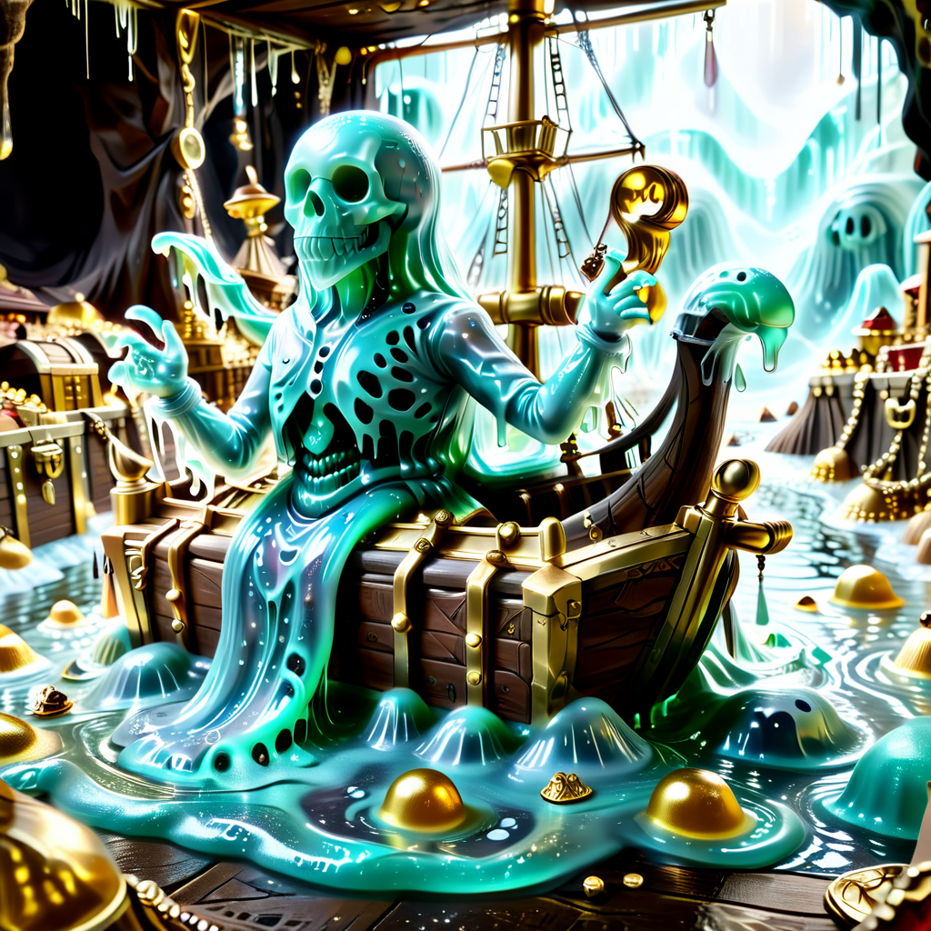 embedding:lazympos a slime-skeleton pirate captain steering a ship made of bone-like gelatin, sailing on a bubbling slime sea, crew of gooey parrots, treasure chests leaking molten gold slime, sl1m3d, slime-morph <lora:Slime_Morph_V4:1.0000000000000002> <lora:TrendCraft_The_Peoples_Style_Detailer-v2.1A-3_12_2025-SDXL:0.20000000000000004>