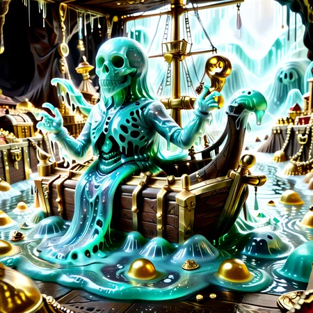 embedding:lazympos a slime-skeleton pirate captain steering a ship made of bone-like gelatin, sailing on a bubbling slime sea, crew of gooey parrots, treasure chests leaking molten gold slime, sl1m3d, slime-morph <lora:Slime_Morph_V4:1.0000000000000002> <lora:TrendCraft_The_Peoples_Style_Detailer-v2.1A-3_12_2025-SDXL:0.20000000000000004>