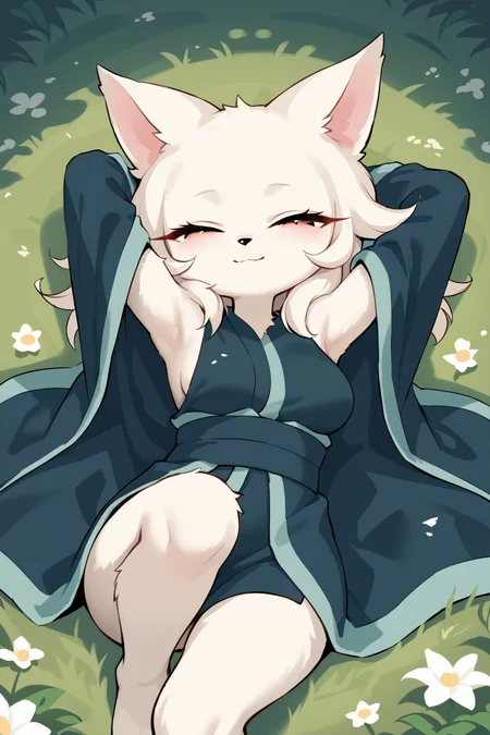 score_9, score_8_up, score_7_up, score_4_up, score_5_up, score_6_up, source_anime, <lora:Heng_Nine_Sols:0.7>, furry, anthro, body fur, white fur, fluffy fur, animal nose, large eyes, narrowed eyes, long eyelashes, animal ears, medium breasts, grass, looking at viewer
skindentation, kimono, robe, cloak,
(joy, closed eyes, opened mouth, smile, arms up, arms behind head, armpits,, ),