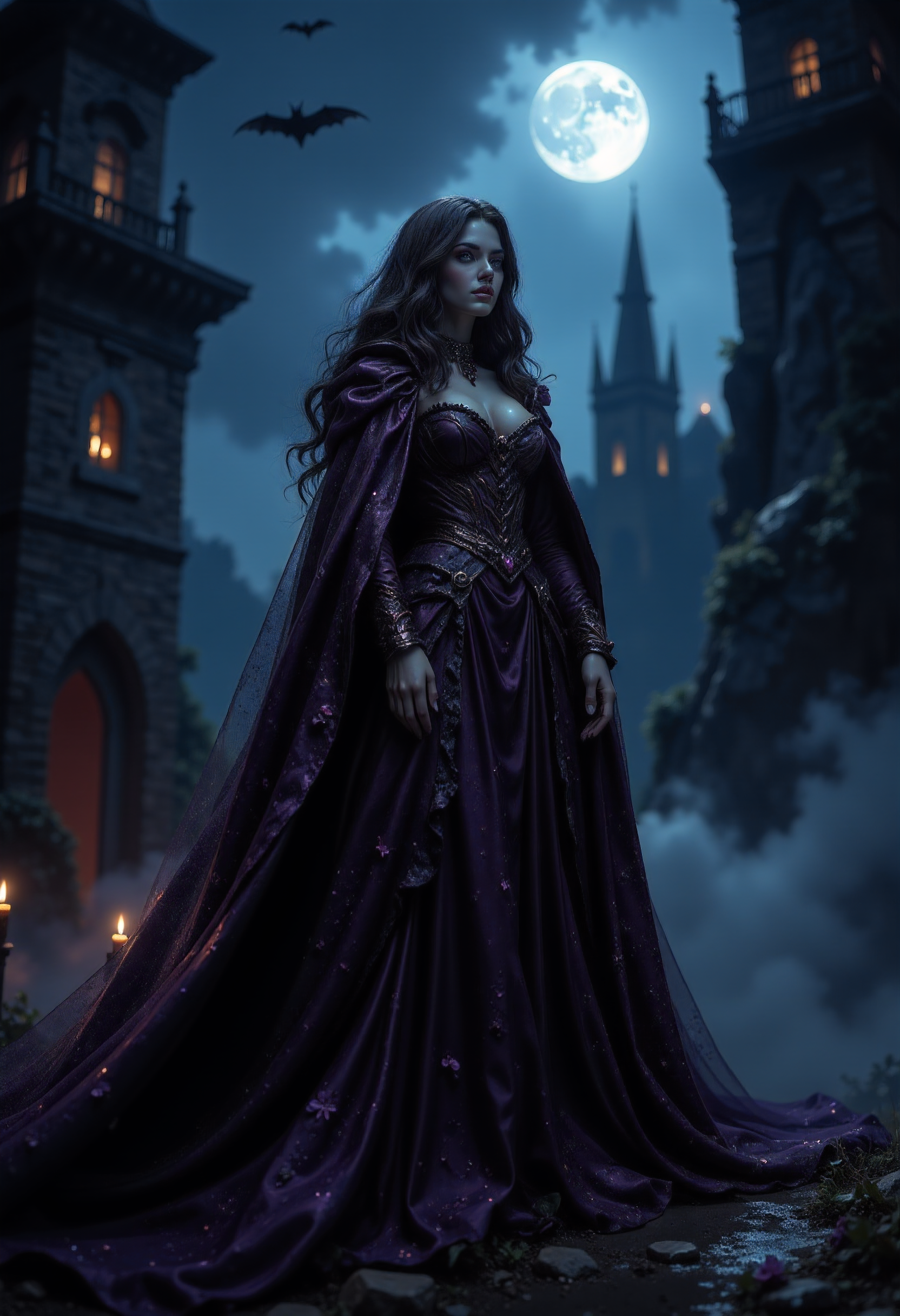 masterpiece, realistic scenery, ultra high quality, a gorgeous 23yo female vampire looks for victims in an medival castle, completely covered from the neck down, ancient dark purple vampire robe with shimmering amethysts, a vampire bat in the air, night, moonshine, gloomy clouds, fog, close-up, (SFW:1.2), dark fantasy, eerie, horror, <lora:Flux Darkfantasy_epoch_1>