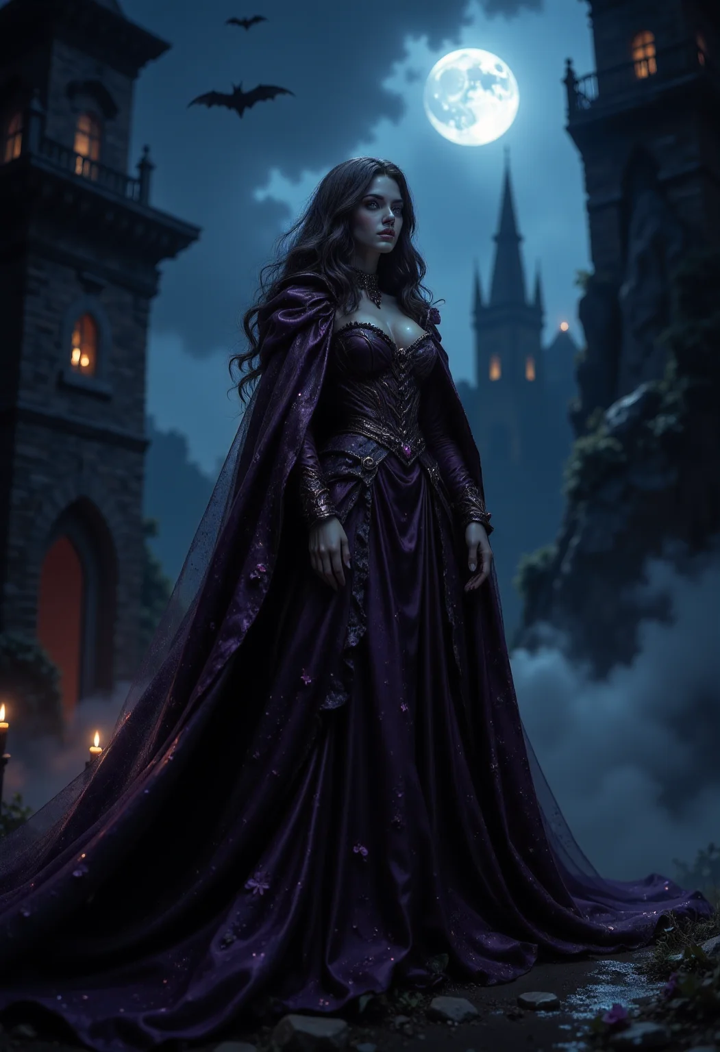 masterpiece, realistic scenery, ultra high quality, a gorgeous 23yo female vampire looks for victims in an medival castle, completely covered from the neck down, ancient dark purple vampire robe with shimmering amethysts, a vampire bat in the air, night, moonshine, gloomy clouds, fog, close-up, (SFW:1.2), dark fantasy, eerie, horror, <lora:Flux Darkfantasy_epoch_1>
