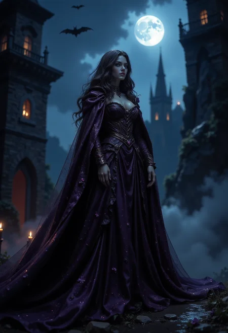 masterpiece, realistic scenery, ultra high quality, a gorgeous 23yo female vampire looks for victims in an medival castle, completely covered from the neck down, ancient dark purple vampire robe with shimmering amethysts, a vampire bat in the air, night, moonshine, gloomy clouds, fog, close-up, (SFW:1.2), dark fantasy, eerie, horror, <lora:Flux Darkfantasy_epoch_1>