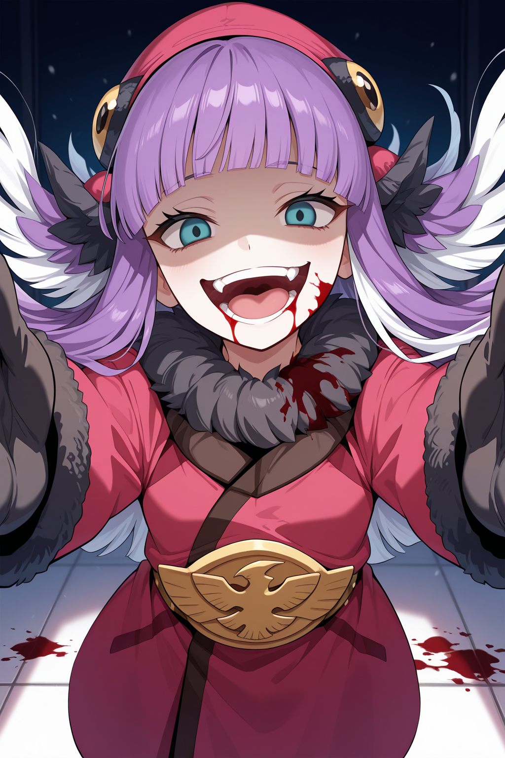 1girl,
MuushuWuuShinMegamiTensei,
safe, solo, pov dating, close-up,
long hair, hair wings, purple hair, multicolored hair,
white hair,
hat, fur trim, earmuffs, blunt bangs,
long sleeves, mittens, black gloves, coat,
incoming hug, crazy smile, shaded face, blood, blood stain,
horror \(theme\), 
<lora:kp_MuushuWuuShinMegamiTenseiIllustrious_v1_0:1.0>,
masterpiece, best quality, amazing quality