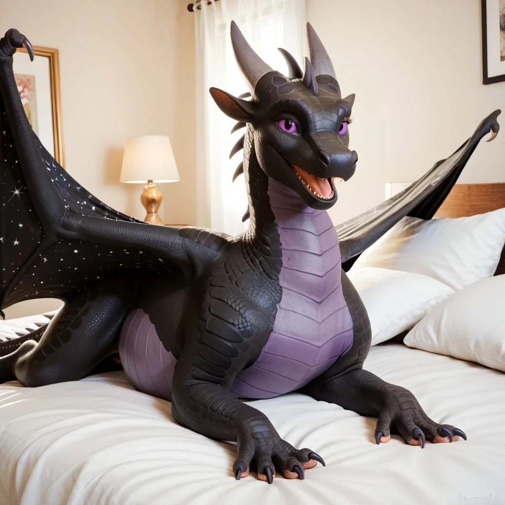 score_9, score_8_up, score_7_up, score_6_up, score_5_up, score_4_up, masterpiece, high quality, realistic, detailed, best quality, white bed, solo, rating_safe, source_furry, bedroom, smiling, open mouth smile, happy, looking at viewer, lying on belly, Nightwing, black scales, wings, dragon, horns, claws, starry wings, female, 1girl, purple eyes, purple underbelly, feral