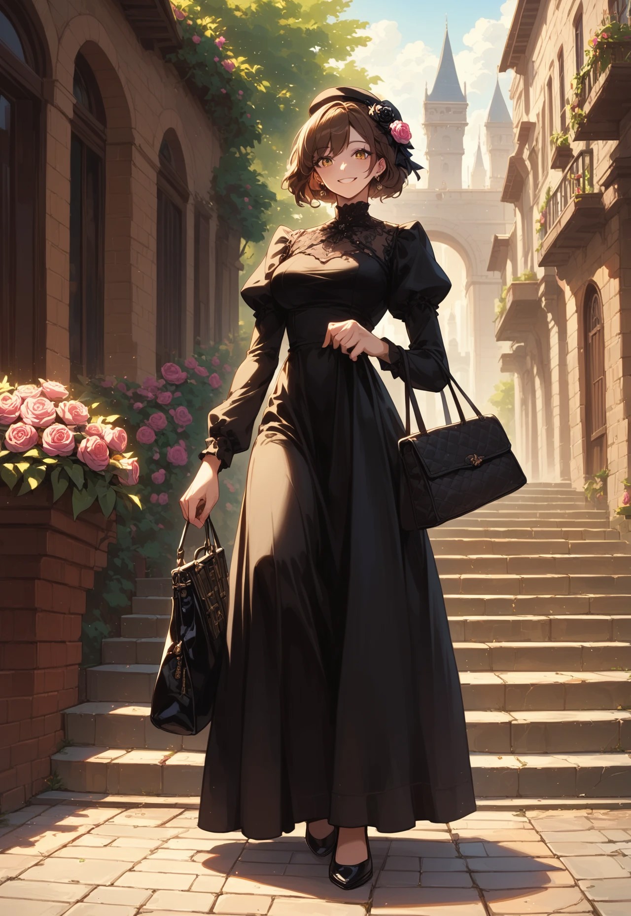 score_9, score_8_up, score_7_up, BREAK, masterpiece, hyper quality, extreme quality, best quality, high quality, extreme detailed, hyper detailed, hyper detailed hair, beautiful eyes, hyper detailed skin,  cinematic lighting, 1girl, arch, bag, black dress, black flower, brick wall, brown hair, building, dress, earrings, flower, full body, gate, hair flower, hair ornament, handbag, hat, hat flower, holding, holding bag, jewelry, long sleeves, looking at viewer, outdoors, pavement, pink rose, puffy sleeves, railing, short hair, smile, solo, stairs, standing, street