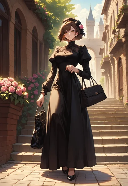 score_9, score_8_up, score_7_up, BREAK, masterpiece, hyper quality, extreme quality, best quality, high quality, extreme detailed, hyper detailed, hyper detailed hair, beautiful eyes, hyper detailed skin, cinematic lighting, 1girl, arch, bag, black dress, black flower, brick wall, brown hair, building, dress, earrings, flower, full body, gate, hair flower, hair ornament, handbag, hat, hat flower, holding, holding bag, jewelry, long sleeves, looking at viewer, outdoors, pavement, pink rose, puffy sleeves, railing, short hair, smile, solo, stairs, standing, street