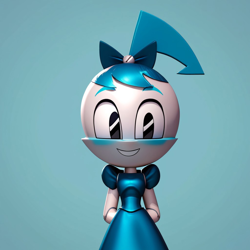 score_10, score_9_up, score_8_up, score_7_up, score_6_up, masterpiece, best quality, perfect cute face, nasbdress, jenny wakeman, 1girl, solo, 3d, render, metallic, white skin, robot, robot joints, blue hair, black eyes, ponytail, hair bow, blue dress, blue knee high boots, upper body, smile, open mouth, hands behind back, blue background, simple background, blue blush, looking at viewer 