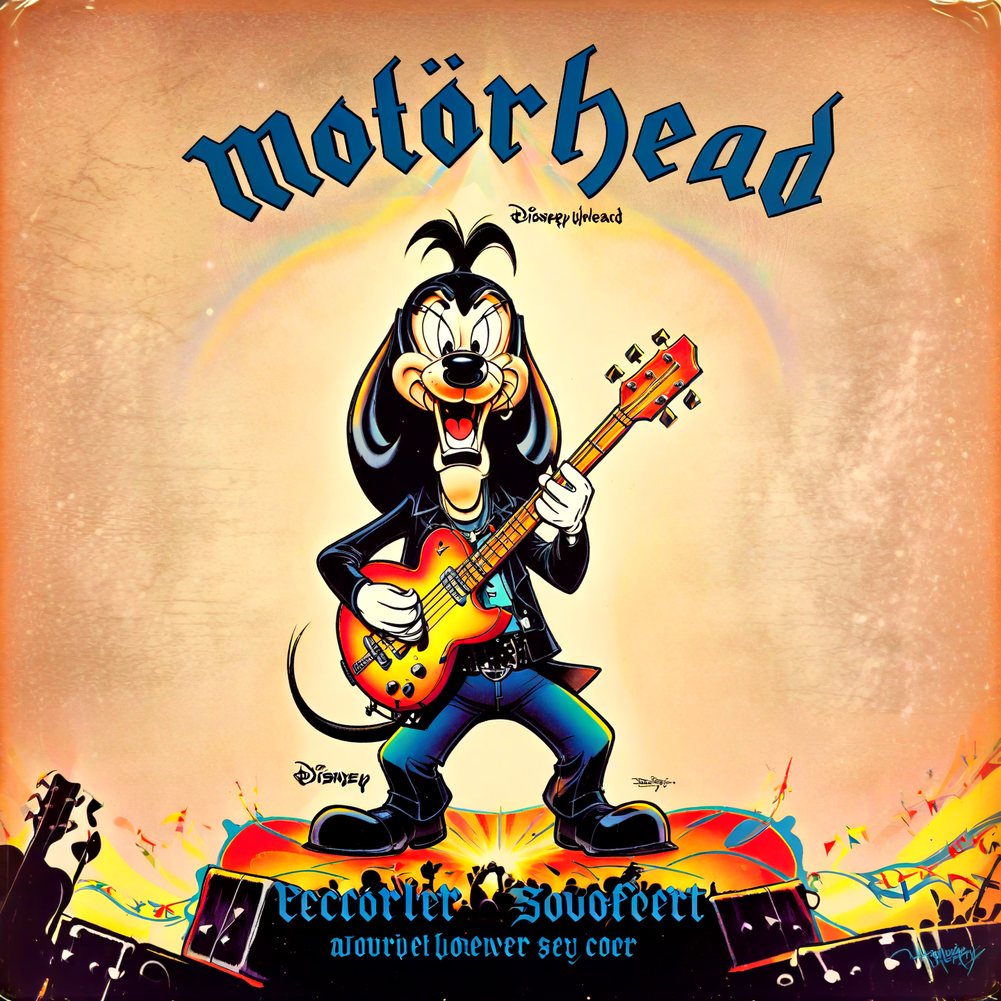 Disney animation style Disney (goofy) as lemmy from motörhead, playing guitar on a (rock concert:0.85), motörhead_cover, record cover, ,,. Bright colors, fluid motion, charming characters, wholesome storytelling, hand-drawn animation