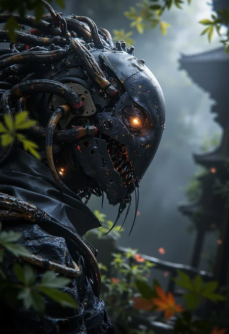 anhei, AITK robotics, This is a highly detailed digital artwork in a dark fantasy style, depicting a closeup view of a medusa that is both made of sleek mix of robotic and reptilian parts, as well as seeming ancient and corroded by time. The medusa has dimly glowing robotic eyes glancing to the side toward the camera, her face is without features and is inhuman, and she has tangles of mechanical snakes for her hair. A mix of glossy reptile scales and synthetic skin covering her body wherever age hasn't worn it away to show the mechanical parts underneath. She's in a dark overgrown garden at night, where ivy begins to grow on her. blur, bokeh, depthoffield, DOF ,TiltBlur, unfocused, haze, motionblur, painting, illustration, digital lustration