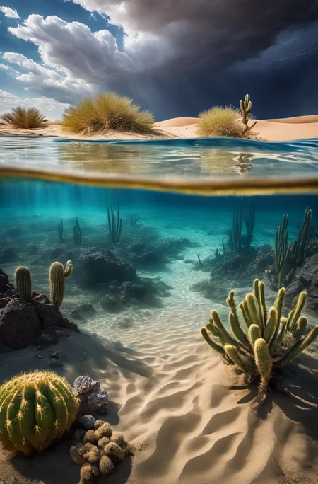 Photo of an underwater desert scene. Sand dunes and cacti are submerged in crystal-clear water, with fish swimming around them. Above, a stormy sky casts shadows on the water's surface, while lightning bolts illuminate the aquatic desert below., sharp focus, (perfect real extremely details), amazing fine detail, absurdres, hyper realistic lifelike texture, dramatic lighting
