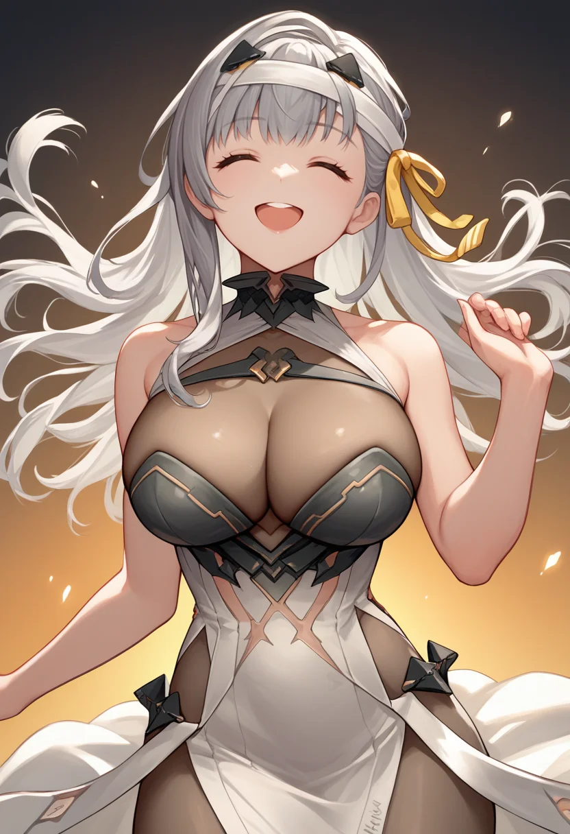 score_9, score_8_up, score_7_up, source_anime BREAK 1girl, solo, <lora:modernia-nikke-richy-v1_pdxl:1> moderniadef, grey hair, long hair, bangs, yellow hair ribbon, hair ornament, bandaged head, bodystocking, cleavage, white dress, bare arm, large breasts, smile, open mouth, closed eyes, bare shoulders