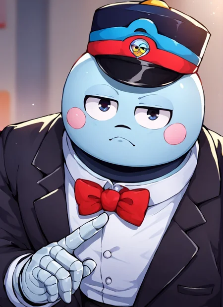score_9, score_8_up, score_7_up, <lora:bslou:1>bslou , 1 boy , robot, black hat , Elegant Hat , blue body , blush stickers, red bowtie , black suit , looking at viewer,