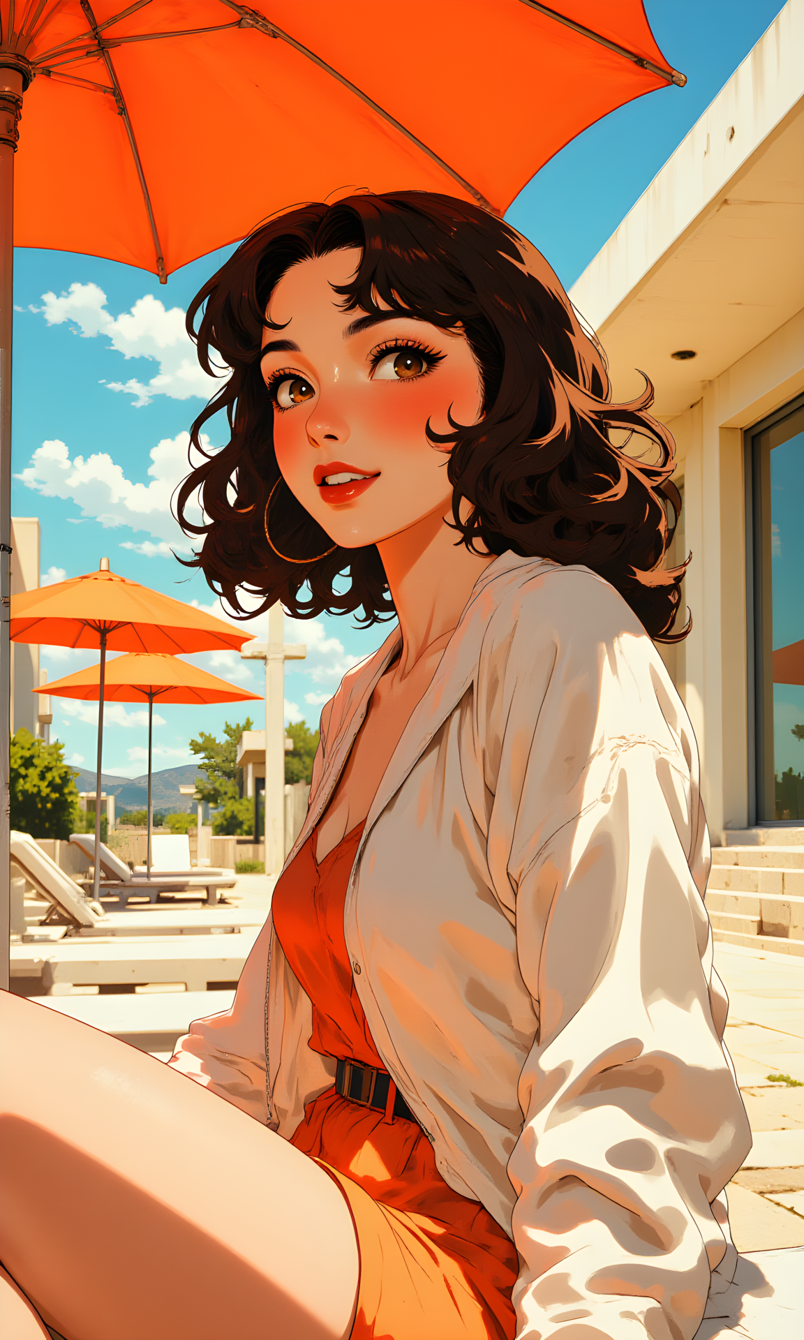 A closeup shot of a young woman sits outdoors in a bright, sunlit setting, framed by orange umbrellas and white lounge chairs. The scene is bathed in natural light under a clear sky, with high-key lighting emphasizing a crisp and airy atmosphere. Her medium wavy lob hairstyle, reminiscent of the 1950s pin-up era, adds a timeless elegance to her look. 
The shallow depth of field draws focus to her, blurring the suburban backdrop characterized by elements of desert modernism and the sleek architectural lines of Infinity House. The subtle juxtaposition of German Baroque-inspired textures and a retro-wave aesthetic adds depth and intrigue to the visual narrative.
Her peach-hued eyes glimmer with a sense of purpose, hinting at an adventurous spirit, as if sheâs contemplating a journey back to Earth from a distant world. A hearty chuckle, almost audible, seems to rumble from deep within, adding warmth and authenticity to the moment. The overall feel of the image is both monumental and intimate, blending modern and vintage influences into a composition that is as striking as it is evocative.
BREAK anime, OBdonman
j_art, anime, anime art, <lora:FLUX\jul\J_Anime:0.7>, <lora:FLUX\RealAnime:0.7>