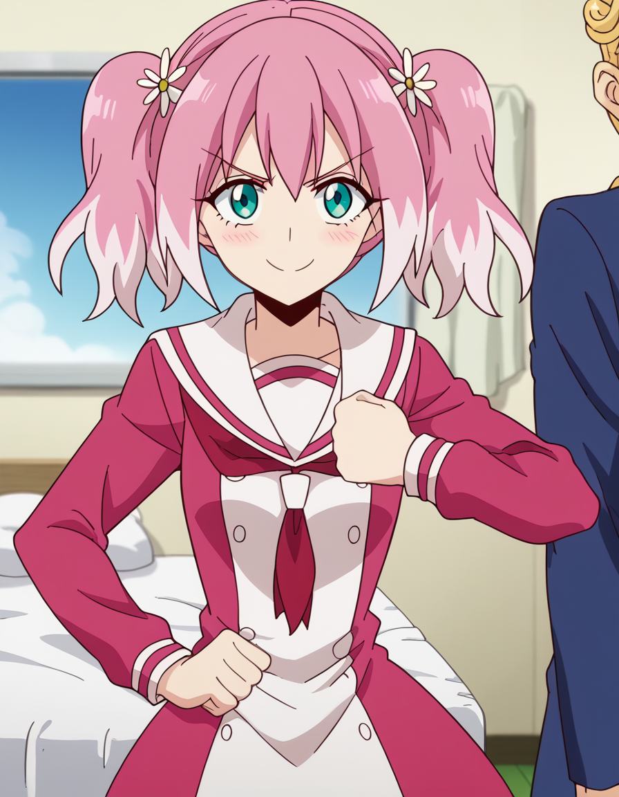 score_9, score_8_up, score_7_up, source_anime, <lora:nana-hiiragi-s1-ponyxl-lora-nochekaiser:1>, nana hiiragi, aqua eyes, twintails, pink hair, flower, white hair, multicolored hair, hair flower, two-tone hair, anime screencap, dress, school uniform, sailor dress, red neckerchief, white sailor collar,, laundry day, clothesline, drying clothes, domestic life, fresh air, blue sky, smile, <lora:giorno-giovannas-pose-ponyxl-lora-nochekaiser:1>, giorno giovannas pose, giorno giovanna's pose (jojo), jojo pose, hand up, arm up, clenched hand, hand on waist, blush, shirt, smile, bed room, cowboy shot, looking at viewer, solo,, dutch angle, cowboy shot