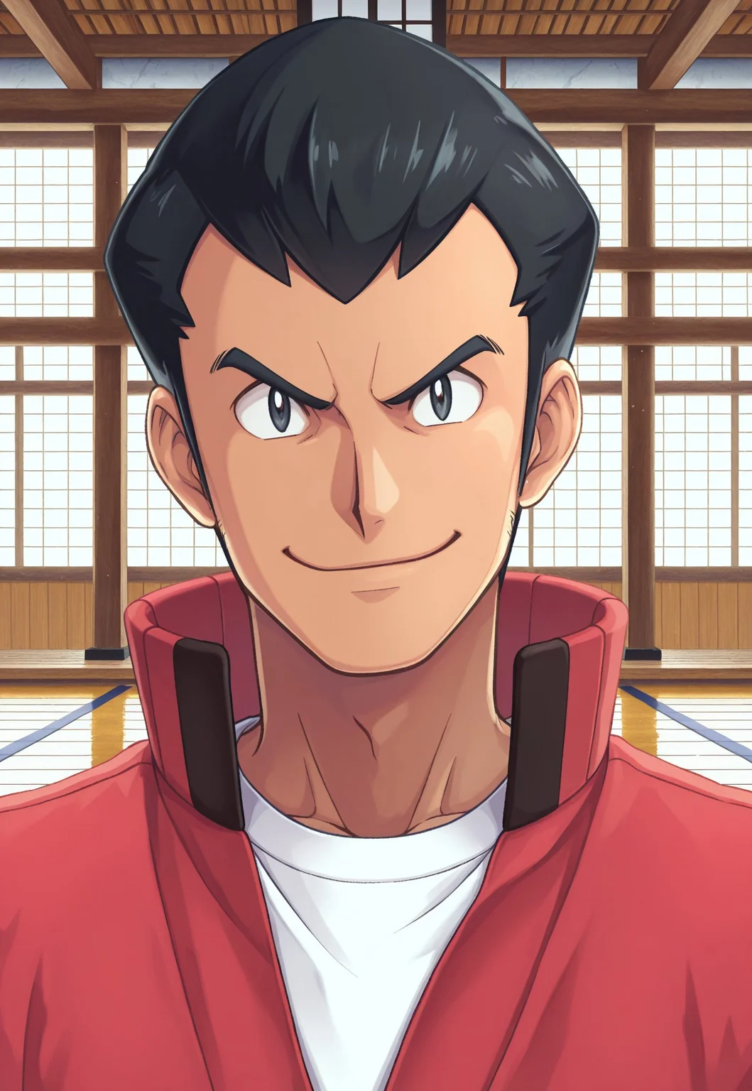 solo, masterpiece, detailed, ultra hd, best quality, 1boy, male, official art, w0lfc0nf, modern, new, masculine face, daddy looking face
PokemonNorman, black hair, short hair, red jacket, white shirt, dojo, headshot, looking at viewer, smiling, pokemon anime artstyle