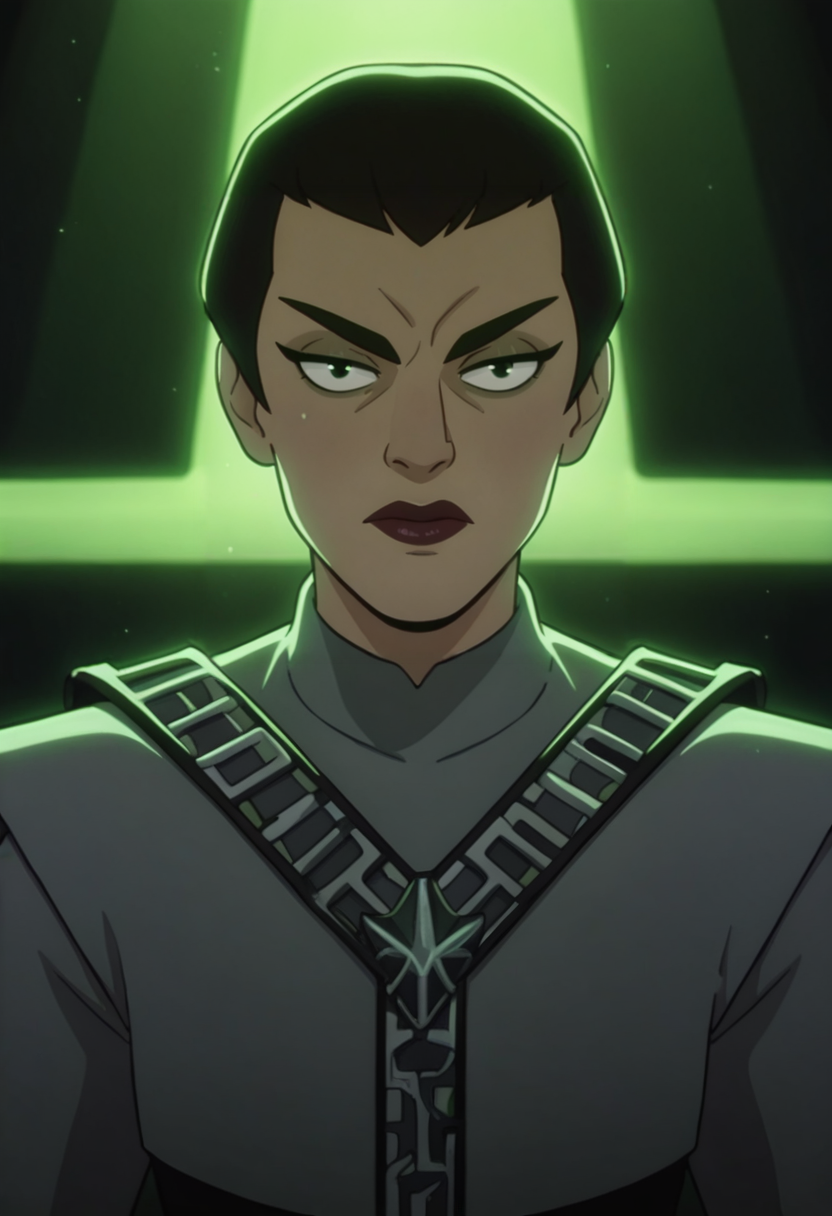 score_8, moody lighting, green lighting, 1girl, romulan, romulan female, brow ridge, sharp eyebrows, romulan ears, romulan uniform,  <lora:Romulan:0.7>