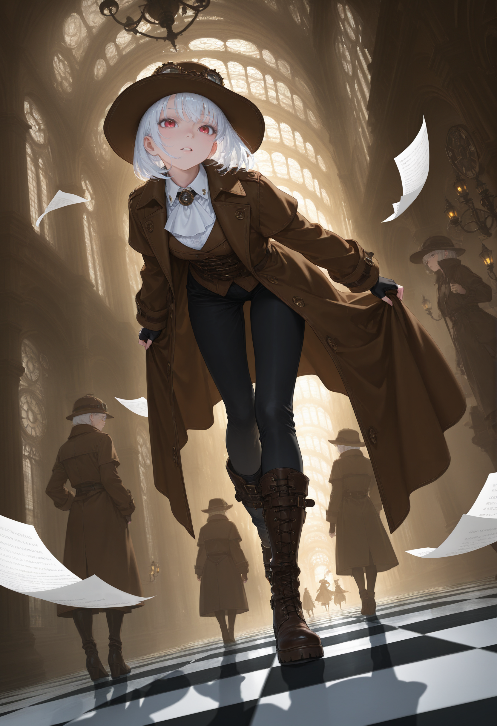 llv2-illu
masterpiece, best quality, highly detailed, ultra-detailed, 1girl, white hair, short hair, tall female, cloak, long coat, wide-brim hat, boots, checkered floor, steampunk, ornate architecture, gothic architecture, grand hall, chandeliers, flying papers, cinematic angle, dramatic lighting, shadow, mysterious atmosphere, stepping forward, group, art deco, atmospheric perspective, intricate design, fantasy setting, steampunk aesthetic, beautiful detailed eyes, detailed lips, long eyelashes, sharp facial features, handsome, confident pose, elegant clothing, detective coat, stylish boots, fingerless gloves, detailed background