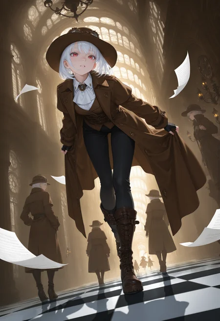 llv2-illu
masterpiece, best quality, highly detailed, ultra-detailed, 1girl, white hair, short hair, tall female, cloak, long coat, wide-brim hat, boots, checkered floor, steampunk, ornate architecture, gothic architecture, grand hall, chandeliers, flying papers, cinematic angle, dramatic lighting, shadow, mysterious atmosphere, stepping forward, group, art deco, atmospheric perspective, intricate design, fantasy setting, steampunk aesthetic, beautiful detailed eyes, detailed lips, long eyelashes, sharp facial features, handsome, confident pose, elegant clothing, detective coat, stylish boots, fingerless gloves, detailed background