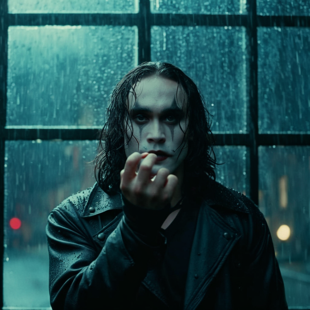 cinematic film still of  <lora:Eric Draven The Crow Movie:1.2> 
Eric Draven The Crow Movie a person holding their hand up to their face behind a broken window in a rainy day at night, shallow depth of field, vignette, highly detailed, high budget, bokeh, cinemascope, moody, epic, gorgeous, film grain, grainy