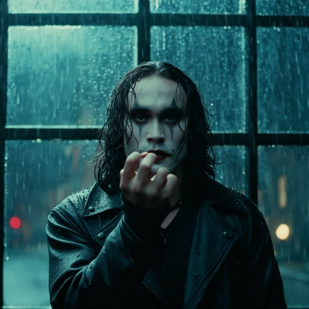 cinematic film still of  <lora:Eric Draven The Crow Movie:1.2> 
Eric Draven The Crow Movie a person holding their hand up to their face behind a broken window in a rainy day at night, shallow depth of field, vignette, highly detailed, high budget, bokeh, cinemascope, moody, epic, gorgeous, film grain, grainy