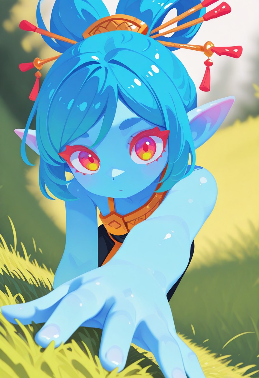 fabulosity_style, best quality, no lineart, no outline, flat color, blurry background, depth of field, vibrant colors, 1girl, blue skin, dynamic pose, dynamic angle, grass, pointy ears, hair sticks, close up