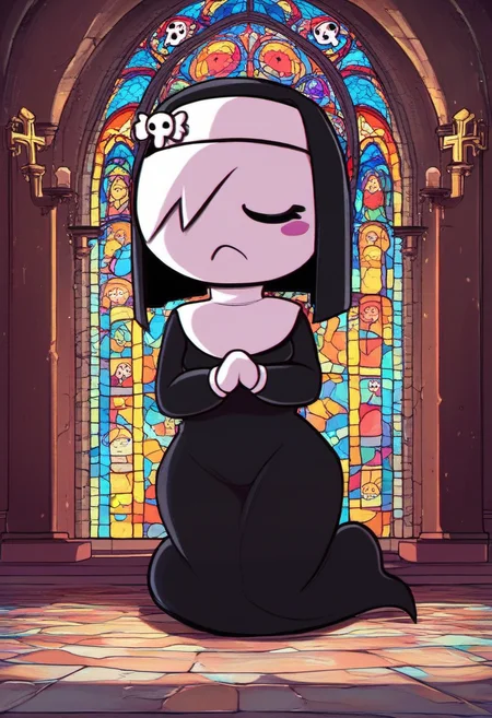 zPDXL, zPDXLxxx, score_9, score_8_up, score_7_up, score_6_up, score_5_up, score_4_up, BREAK rating_safe, source_cartoon, 2d, flat color, <lora:Carrie_Krueger_Gumball_for_PonyXL:1>, carrie_krueger, 1girl, solo, eyes closed, eyes, hair over one eye, nun costume, nun habit, detailed background, short hair, frown, blush stickers, cathedral, church, full body, skull hair ornament, ghost tail, praying