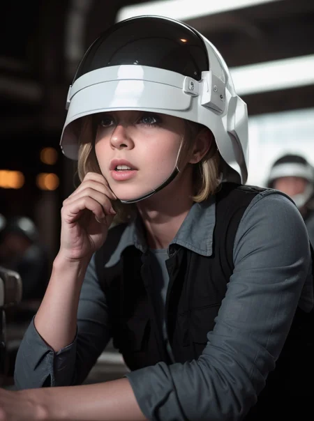 1woman,blond haired woman sitting in rebel trooper uniform <lora:rebeltrooperv01:1>, helmet on,photorealistic, photo, masterpiece, realistic, realism, photorealism, high contrast, photorealistic digital art trending on Artstation 8k HD high definition detailed realistic, detailed, skin texture, hyper detailed, realistic skin texture, armature, best quality, ultra high res, (photorealistic:1.4),, high resolution, detailed, raw photo, sharp re, by lee jeffries nikon d850 film stock photograph 4 kodak portra 400 camera f1.6 lens rich colors hyper realistic lifelike texture dramatic lighting unrealengine trending on artstation cinestill 800,