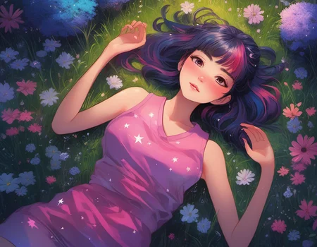 a [cute|stunning] anime [woman|girl] twiggy laying on grass under the stars, from above, birds eye view, vibrant colors, gorgeous, majestic, beautiful, (art by Alena Aenami), (art by Beeple), (art by clive barker), masterpiece, professional, intricate detail, countershading, beautiful, Refined, trending on pixiv, keyart, denoise, sharp focus <lora:twiggyxlv3:1> ~*~aesthetic~*~, *~cinematic~*~ (masterpiece, top quality, best quality, official art, beautiful and aesthetic:1.2), (1girl), extremely detailed,(colorful:1.1) highest detailed, 2D, waifu