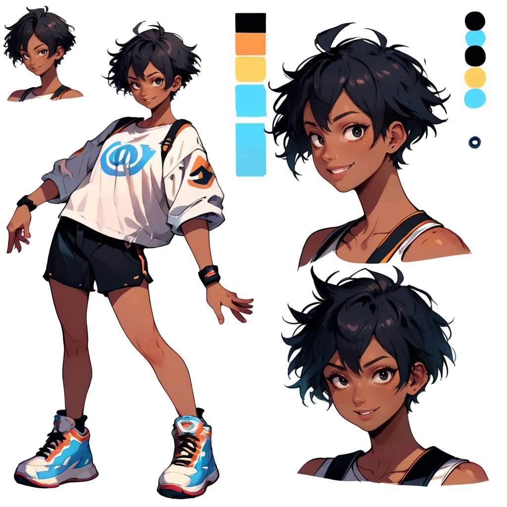 score_9, score_8_up, score_7_up, score_6_up, (CharacterSheet:1), tomboy, dark skin, short hair, shorts, white shirt, band, happy, black eyes, simple black background, dynamic pose, sexy, reference sheet, (full body, from side, front:1.1), upper body, cartoon,
CharacterDesignXL <lora:XLPCharacterDesign_Concept-10V2:0.8>