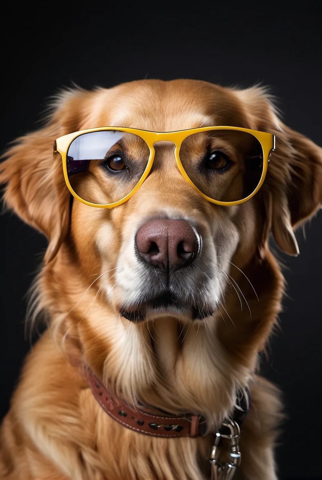 a high-quality studio photo of a golden retriever  wearing sunglasses.