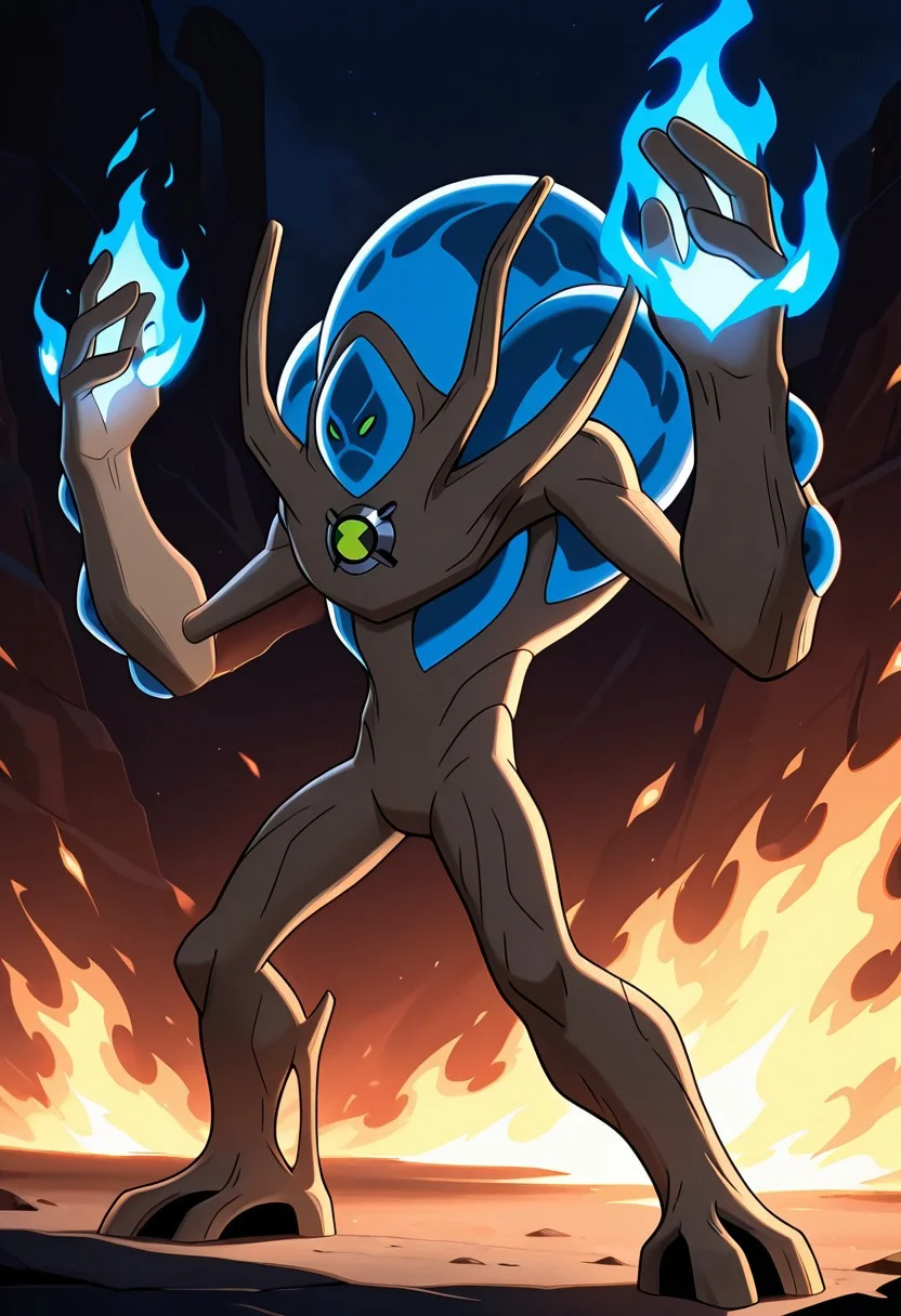 masterpiece, best quality, amazing quality, very aesthetic, absurdres, newest,
,ultswam, standing, pokemon (creature), solo, green eyes, monster, brown skin, alien, massive arms, no humans,
firebending, blue fire, blue flames, shooting fire, pose,