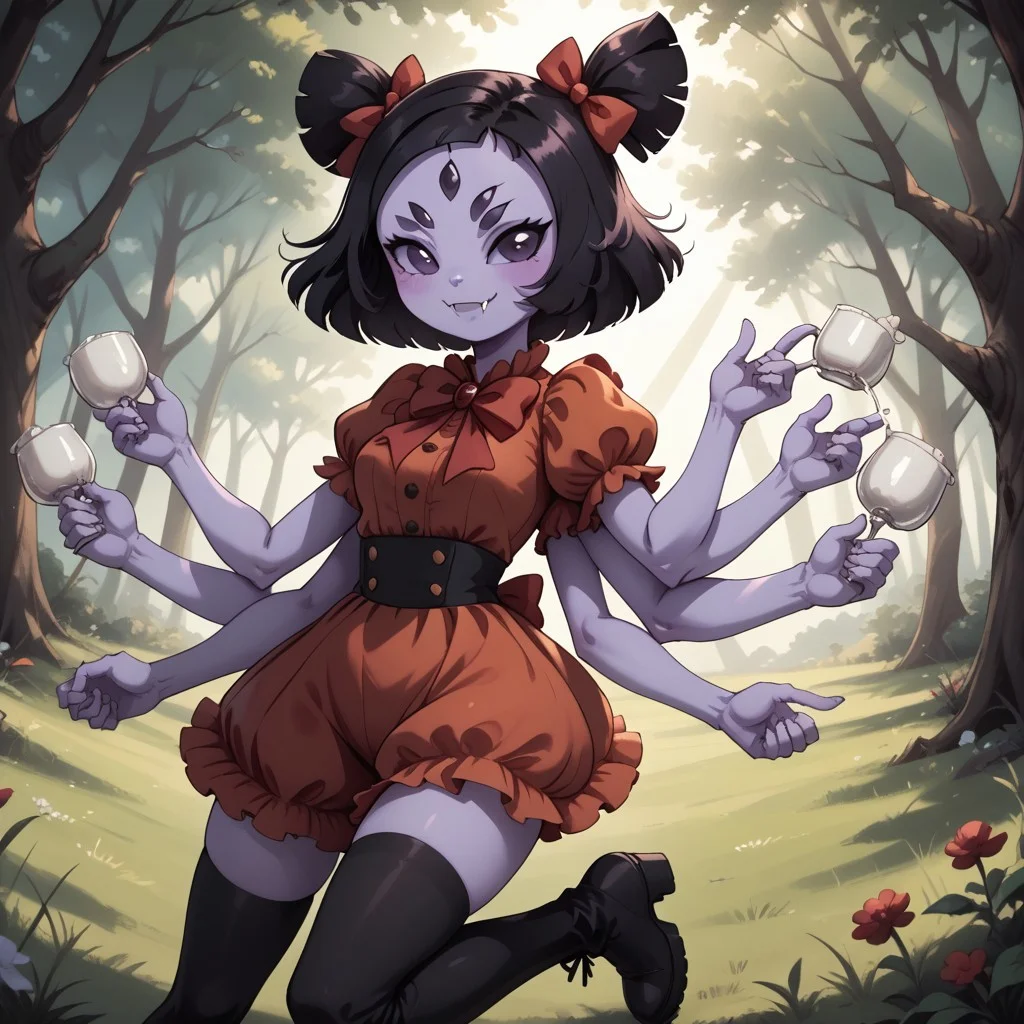 score_9, score_8, BREAK, solo, Muffet_(Undertale), solo, anthro, (((six arms))), lavender skin, lavender skin female, five eyes, twin pigtails, white fangs, red ribbons, red rompers with buttons, long black boots, self portrait, smile, looking at viewer, outdoors, sunlight, shadows, evening lighting, natural lighting, forest, trees, grass, orange sky, sunset
