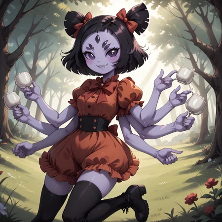 score_9, score_8, BREAK, solo, Muffet_(Undertale), solo, anthro, (((six arms))), lavender skin, lavender skin female, five eyes, twin pigtails, white fangs, red ribbons, red rompers with buttons, long black boots, self portrait, smile, looking at viewer, outdoors, sunlight, shadows, evening lighting, natural lighting, forest, trees, grass, orange sky, sunset